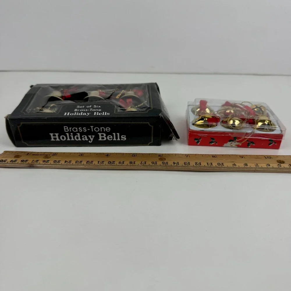 2 Vtg Pkgs Christmas Gold‎ Brass Tone Bells Jingle w Red Ribbon w Orig Box READ